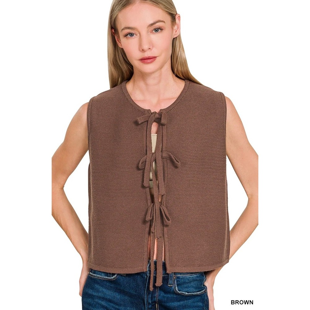 Zenana Women Brown Knit Triple Tie Front Sweater Vest Small